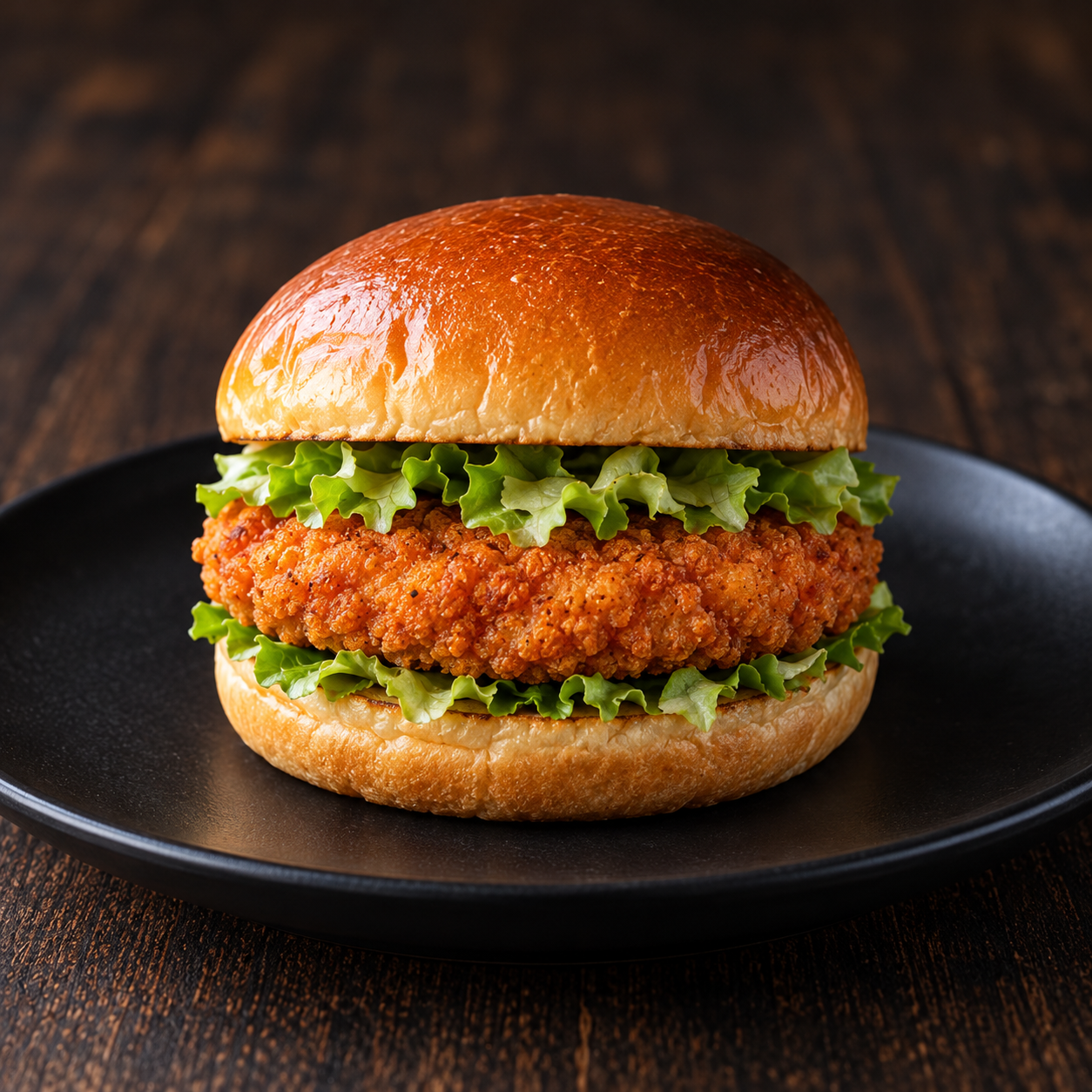 Spicy chicken burger with a small round breaded patty and no sauce