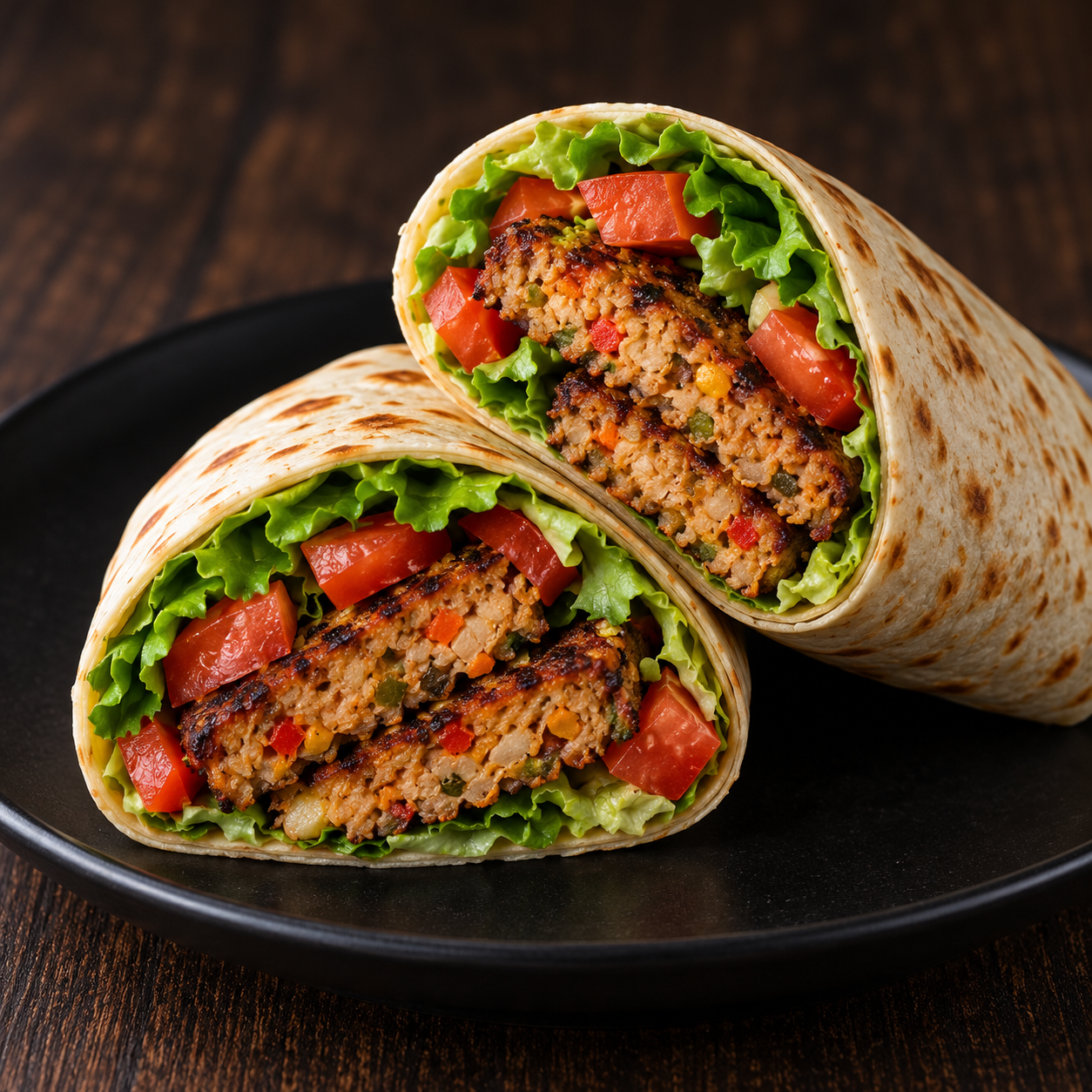 Veggie wrap filled with veggie burger patty pieces