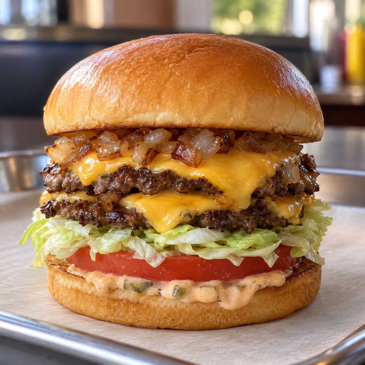 W Burger with two beef patties, melted cheese, onions, lettuce and tomato